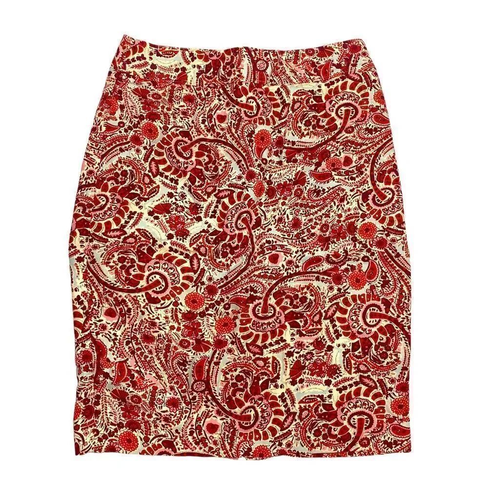 Ann Taylor Loft Red White Paisley Pencil Stretch Above Knee Skirt Women’s Size 2
